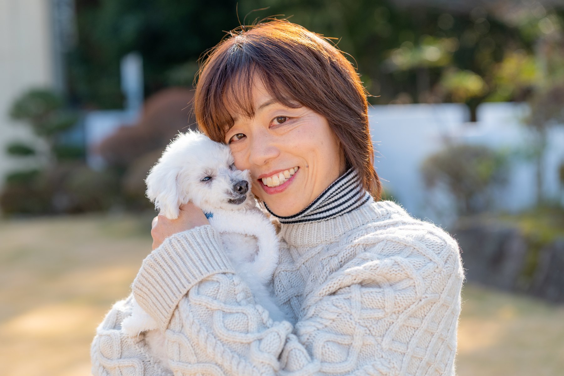 おもちゃで犬の表情を引き出す撮影の様子