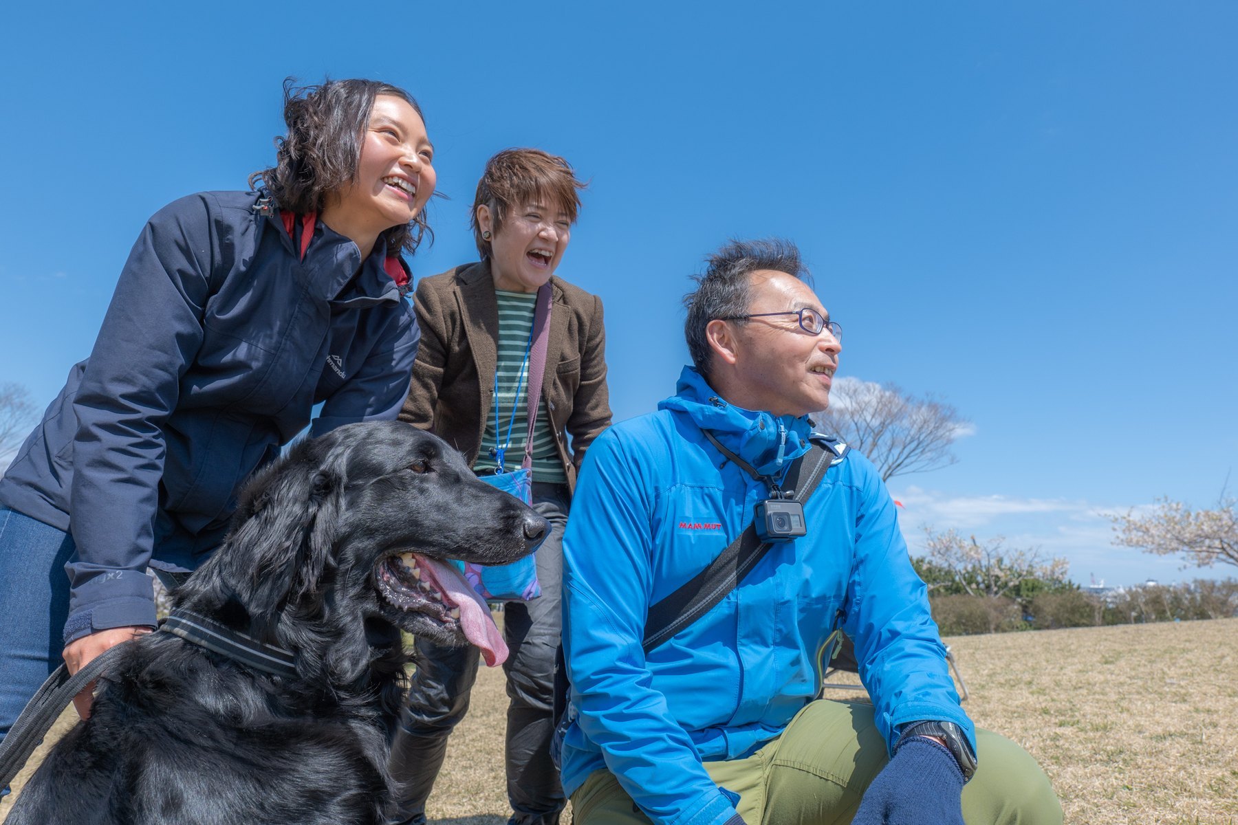青空の下で愛犬と過ごす家族